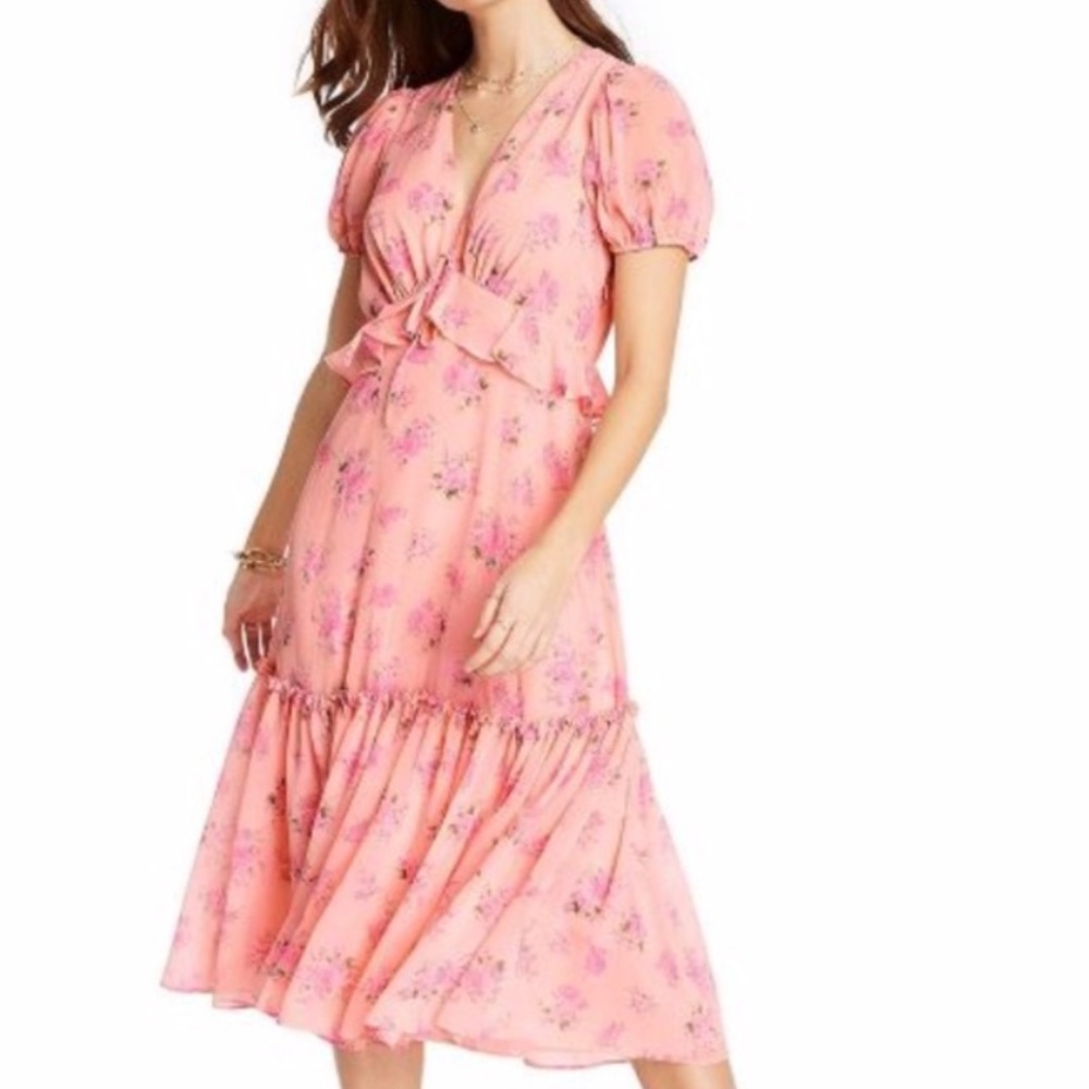 Love shack fancy for target pink floral ruffle midi dress with sleeves